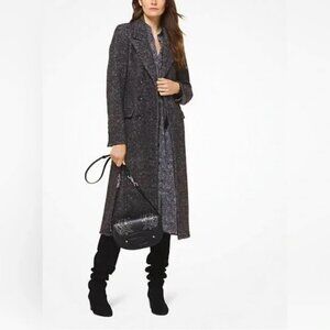 NWT RARE Michael Kors Grey Tweed Double-Breasted Wool-Blend Long Coat, Sz M